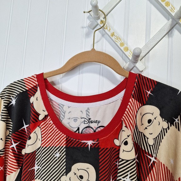 Disney 100 Womens 3X Pajama Set Winnie the Pooh Red Black Cream Check  Fleece - Picture 4 of 9